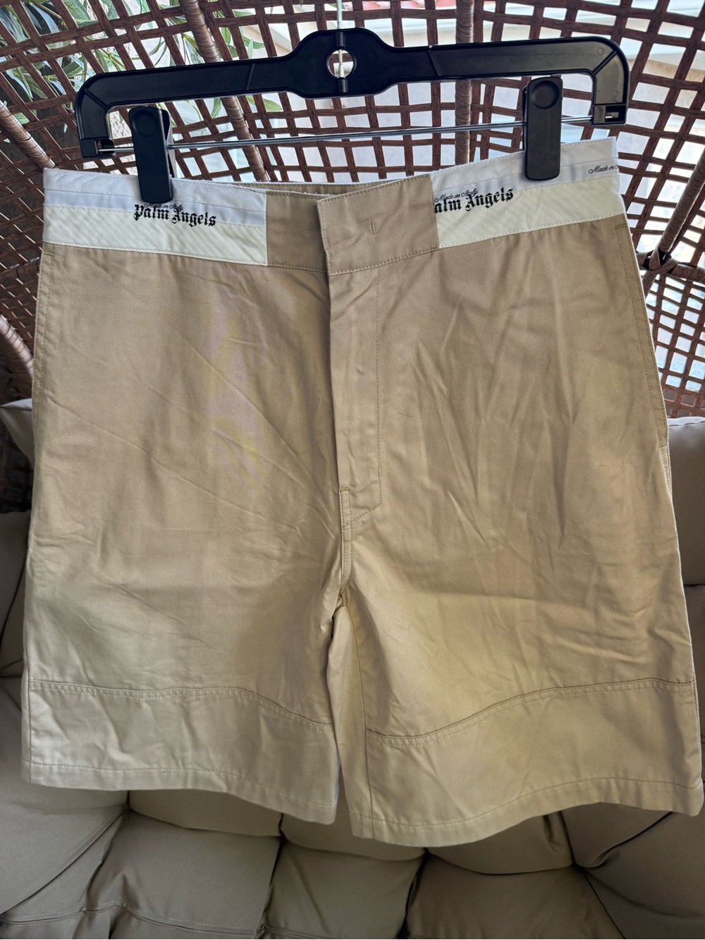 Palm Angels Beige Cotton Flat-Front Men’s Shorts with White Waistband